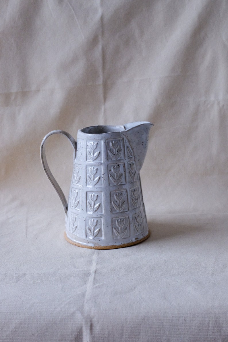 Handmade Ceramic Pitcher White Rustic Floral Pattern Jug MADE TO ORDER image 1