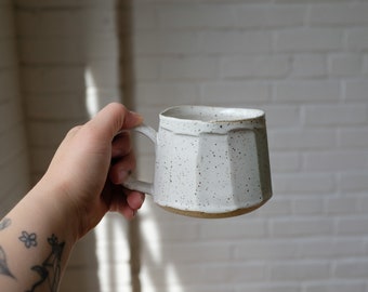 Faceted Ceramic Mug, Handbuilt Pottery, Coffee or Tea Mug, Speckled White, 12oz - MADE TO ORDER