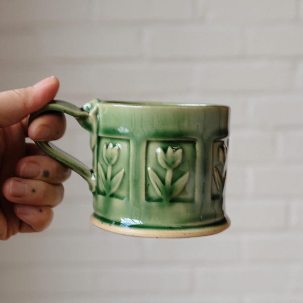 Handmade Ceramic Mug, Green Tulip Stamp Design, 10 oz