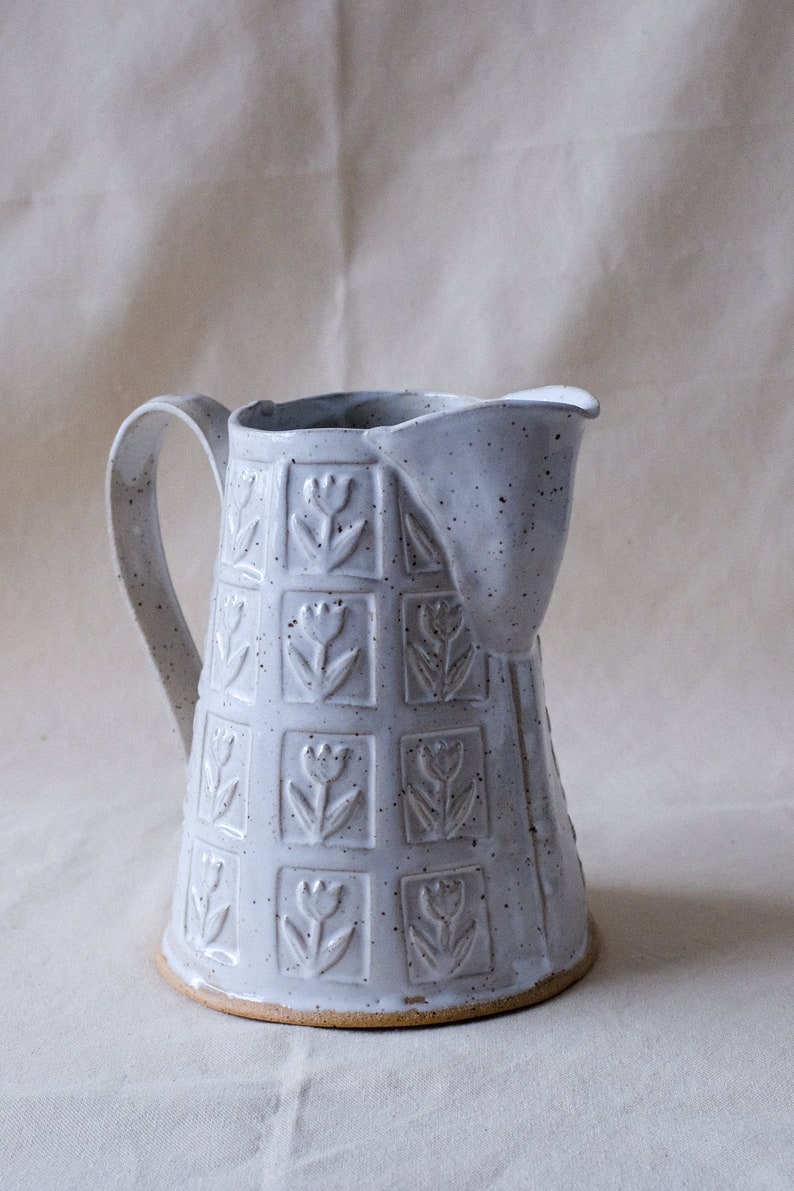 Handmade Ceramic Pitcher White Rustic Floral Pattern Jug MADE TO ORDER image 3