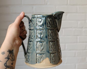 Handmade Ceramic Pitcher | Tulip Stamp Design, 1.5L