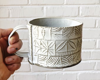 Patterned Ceramic Mug, Handbuilt Pottery, Rustic Coffee or Tea Mug, 12oz