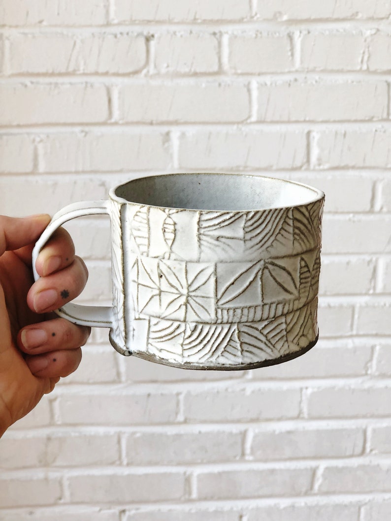 Patterned Ceramic Mug, Handbuilt Pottery, Rustic Coffee or Tea Mug, 12oz image 1