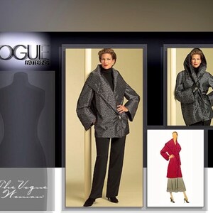 May include: A Vogue Patterns sewing pattern featuring a wrap coat with a large collar. The pattern includes three different views of the coat, one in a black and white print, one in a solid black fabric, and one in a solid red fabric. The pattern is for the "The Vogue Woman" line.