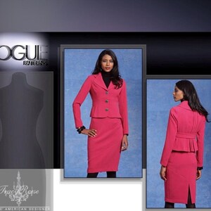 May include: A pink suit with a jacket and skirt. The jacket has a collar, buttons, and a peplum. The skirt is a pencil skirt with a back slit. The suit is shown on a mannequin and a model.