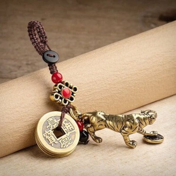 Vintage Brass Animal Keyring Lanyard Pendants Tiger Handmade Rope Zodiac Pixiu Animal Chinese Five Emperors Coins Feng Shui Car Key Chains