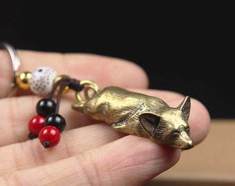 Cute Corgi Dog Key Chain Pure Brass 2022 Pendant Vintage Metal Copper Zodaic Animal Sleeping Puppy Figurines Keychain Hanging