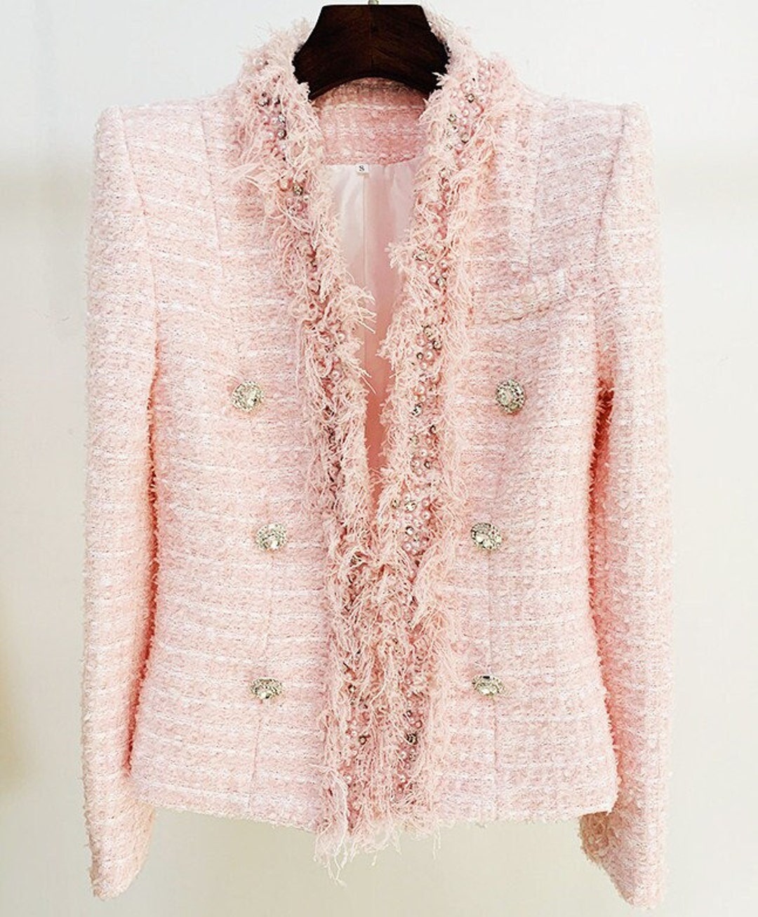 Perla Pastel Pink Tweed Jacket with pearls & crystals