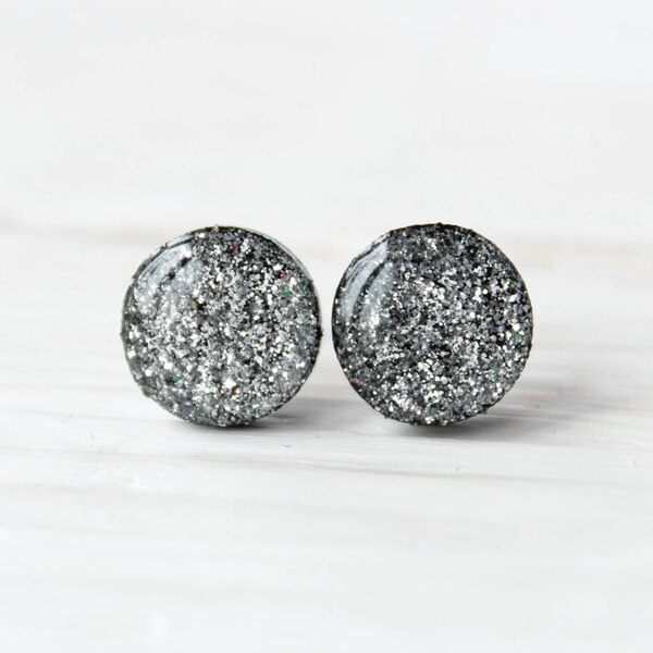 Silver glitter stud earrings, minimal simple posts, CuteBirdie