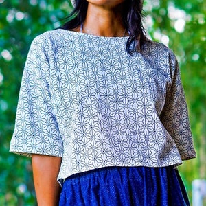 Loose Crop Top, Geometric Top, Flower Of Life Pattern Top, Boho Top, White Summer Top, Hippie Top, Women Blouse, Cotton Top, Bohemian Top