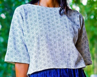 Lose Crop Top, Geometrisches Oberteil, Oberteil mit Blumenmuster, Boho-Oberteil, Weißes Sommertop, Hippie-Oberteil, Bluse, Baumwolloberteil