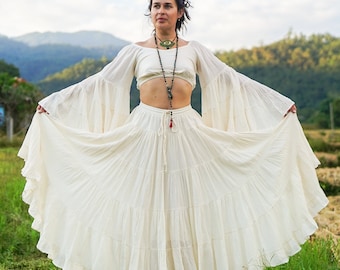 Falda larga de algodón para mujer, falda acampanada de verano, falda larga color hueso para mujer, falda bohemia escalonada para festivales / Envío gratuito