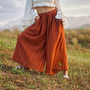 Orange Pants, Women Linen Pants, Linen Cotton Pants, Women Striped Pants, Orange Striped Pants, Orange Wide Leg Pants, Cotton Loose Pants