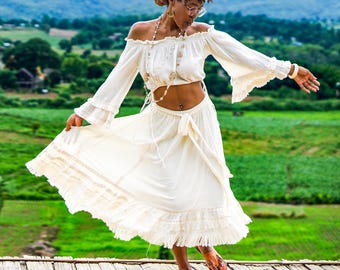 Festival Boho Maxi Skirt — White Cotton Lace Skirt, Flowy Beach Summer Skirt, Relaxed Resort Style Outfit Women, Beach Vacation White Skirt