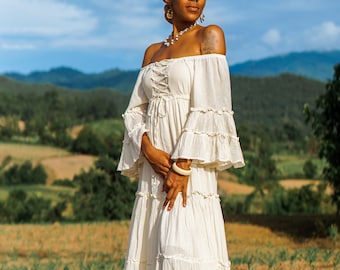 Vestido bohemio de algodón, vestido bohemio largo, vestido con mangas de ángel, vestido largo blanco roto, vestido de algodón de manga larga, vestido de verano, vestido blanco