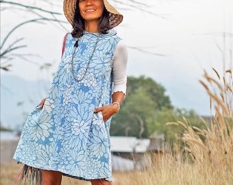 Women Blue Floral Dress, Summer Blue Floral Dress, Cotton Floral Dress, Blue and White Floral Dress, Mini Floral Dress, Mini Blue Dress