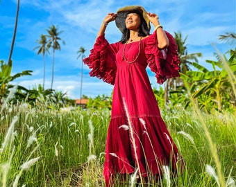 Red Ruffle Dress, Red Cotton Dress, Red Summer Dress, Long Sleeves Red Dress, Maxi Red Dress, Long Red Dress, Flamenco Dress, Dancing Dress