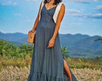 Robe à Bretelles, Robe Longue Bohème, Robe Longue Grise, Robe de Soirée Longue, Robe Bohème, Robe Grise pour Femme, Robe Longue en Dentelle