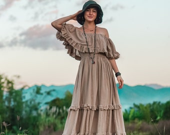 Long Cotton Dress, Maxi Cotton Dress, Summer Dress, Brown Cotton Dress, Brown Dress for Women, Brown Cotton Dress, Lace Brown Dress, Dress