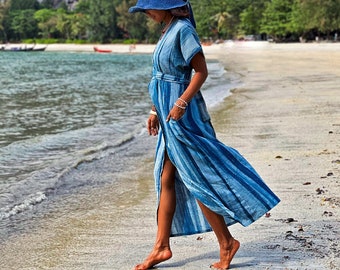 Long Blue Dress, Blue Cotton Dress, Maxi Blue Dress, Indigo Blue Dress, Shibori Dress, Tie Dye Dress, Long Cotton Dress, Button Down Dress