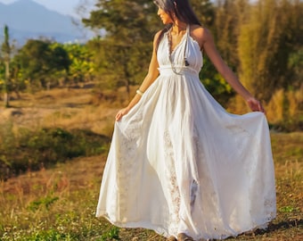 Weißes Kleid, Boho Hochzeitskleid, Boho Kleid, Spitzenhochzeitskleid, Spitzenkleid, Hochzeitskleid, böhmisches Kleid, langes weißes Kleid