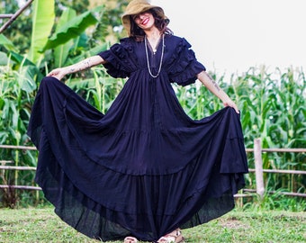 Black Maxi Dress, Black Long Dress, Angel Sleeves Dress, Black Boho Dress, Black Cotton Dress, Elegant Black Dress, Photoshoot Black Dress