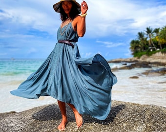 Blue Gray Dress, Long Cotton Dress, Maxi Cotton Dress, Blue Long Dress, Asymmetric Blue Dress, Asymmetric Cotton Dress, Blue Beach Dress