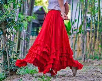 Maxi Red Cotton Skirt for Summer, Long Ruffle Red Skirt for Women, Plus Size Full Circle Skirt, Long A Line Ruffle Skirt with Drawstring