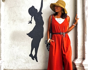 Women Overall, Wide Leg Overall, Cotton Overall, Women Orange Overall, Summer Overall, Overall with Pockets, Jumpsuit with Pocket, Jumpsuit