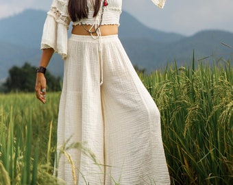 Pantalones de algodón blanco para mujer, pantalones anchos de algodón, pantalones palazzo de verano, pantalones acampanados bohemios, pantalones holgados de algodón, pantalones de verano / Envío gratuito