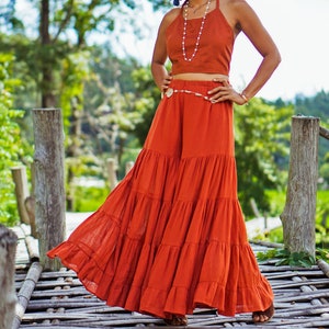 Ruffle Orange Cotton Wide Leg Pant for Women, Long Flare Elastic Waist Pant for Summer, Elegant Loose Fit Orange Wide Beach Pant,Orange Pant