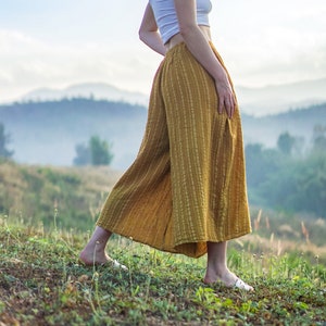 Yellow Mustard Pants, Yellow Linen Pants, Linen Cotton Pants, Mustard Striped Pants, Striped Pants, Wide Leg Pants, Mustard Loose Pants
