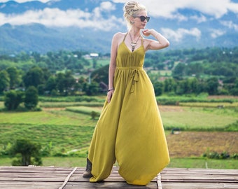 Jumpsuit-Frauen, Harem-Jumpsuit, Senf-Jumpsuit, Übergrößen-Kleidung, Sommeroverall, Hippie-Jumpsuit, Weitbein-Jumpsuit, lockerer Strampler
