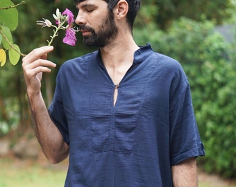 Men Blue Cotton Shirt, Men Navy Shirt, Chinese Collar Shirt, Blue Navy Shirt for Men, Cotton Shirt for Men, Men Shirt Navy, Men Cotton Shirt