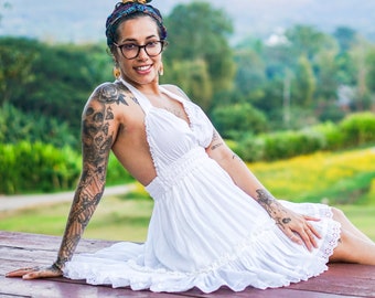 White Cotton Mini Dress: Embroidered V-Neck Summer Sundress / Free Shipping