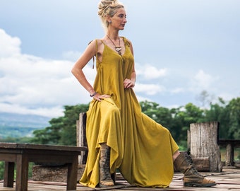 V Neck Yellow Mustard Jumpsuit for Women, Backless Sleeveless Plus Size Cotton Jumpsuit for Summer, Elegant Wide Leg Asymmetric Jumpsuit