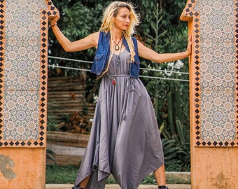 Blue Gray Sleeveless Cotton Jumpsuit for Women, Plus Size Loose Fit Jumpsuit for Summer, V Front Back Shoulder Tie Jumpsuit, Harem Jumpsuit