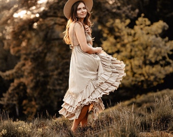 Women Brown Cotton Midi Dress, Ruffle Brown Dress, Summer Brown Midi Dress, Cotton Brown Dress, S, Open Back / Free Shipping