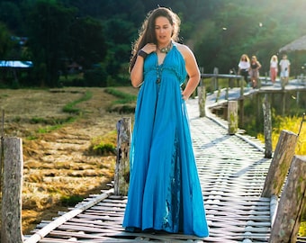 Maxi Blaues Kleid für Frauen, langes Blaues Spitzenkleid, Hochzeitskleid aus Spitze, Fotoshooting Spitzenkleid, Maxi Sommerkleid für Frauen, Rüschen Blaues Kleid