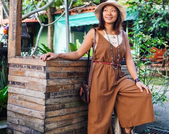 Khakifärgad bomullsjumpsuit — Lös sommarjumpsuit med vida ben, ärmlös bohemisk outfit, avslappnad vardagsstil för kvinnor, överdimensionerad overall