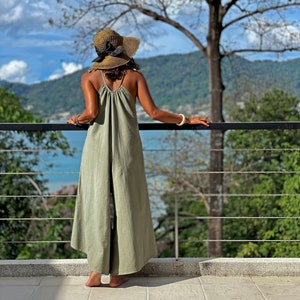 Sleeveless Jumpsuit, Green Jumpsuit, Jumpsuit with Pocket, Jumpsuit with Belt, Green Cotton Jumpsuit, Summer Jumpsuit, Wide Jumpsuit, Green