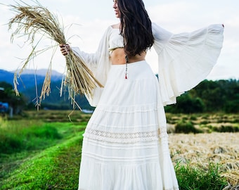 Maxi-Rock aus weißer Spitze - Boho Hochzeitsgast Rock, Baumwolle Braut langer Rock, romantischer fließender Event Outfit Frauen, Sommer Boho Rock