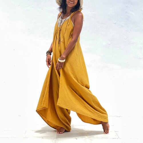 V Neck Yellow Mustard Jumpsuit for Women Backless Sleeveless Etsy UK