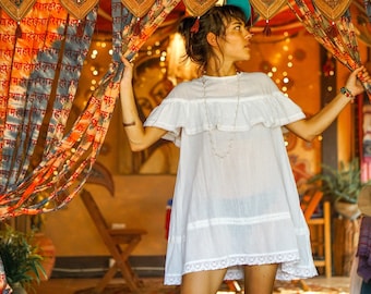 White Cotton Mini Dress, Lace Mini Dress, Summer Mini Dress for Women,  Ruffle Summer Dress, White Cotton Mini Dress / Free Shipping