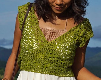 Green Crochet Top, Beach Crochet Top, Floral Crochet Top, Flower Crochet top, Handmade Crochet Top, Crochet, Crochet Top, Women Crochet Top