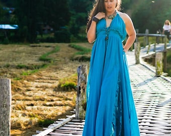 Blue Maxi Dress, Backless Maxi Dress, Cotton Maxi Dress, Lace Long Dress, Elegant Blue Dress, Summer Blue Maxi Dress, Boho Blue Maxi Dress