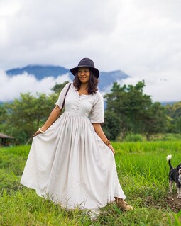 spring empire waist dresses Off White Tencel Maxi Dress -- Flowy Summer Dress, Boho Wedding Guest Dress, Long Flare Button Front Dress, Short Sleeves She is shown wearing Color:Medium Orchid 96 Floral dress Collection: PRESTIGE Arbor & Co. (@ArborAndCoWedding)