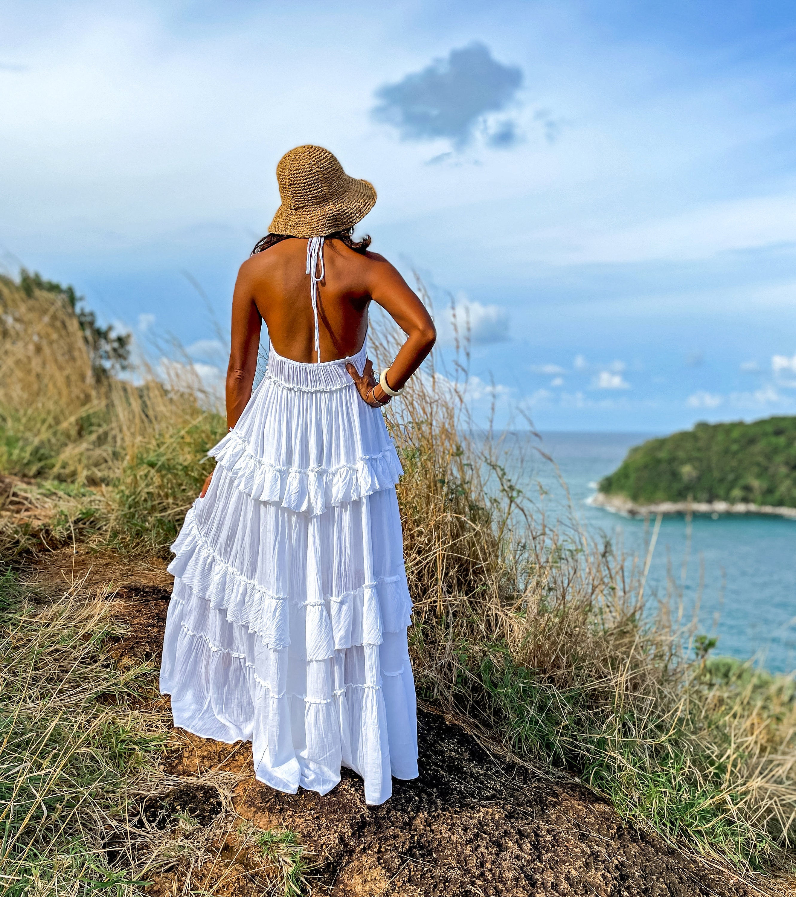 White Cotton Ruffle Maxi Dress: Backless Boho Photoshoot Dress /