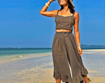 Cotton Two Piece Set, Summer Two Piece Set, Top And Pants Set, Cotton Outfit Women, Ruffle Hem Pants Set, Elastic Waist Set, Sage Green Set