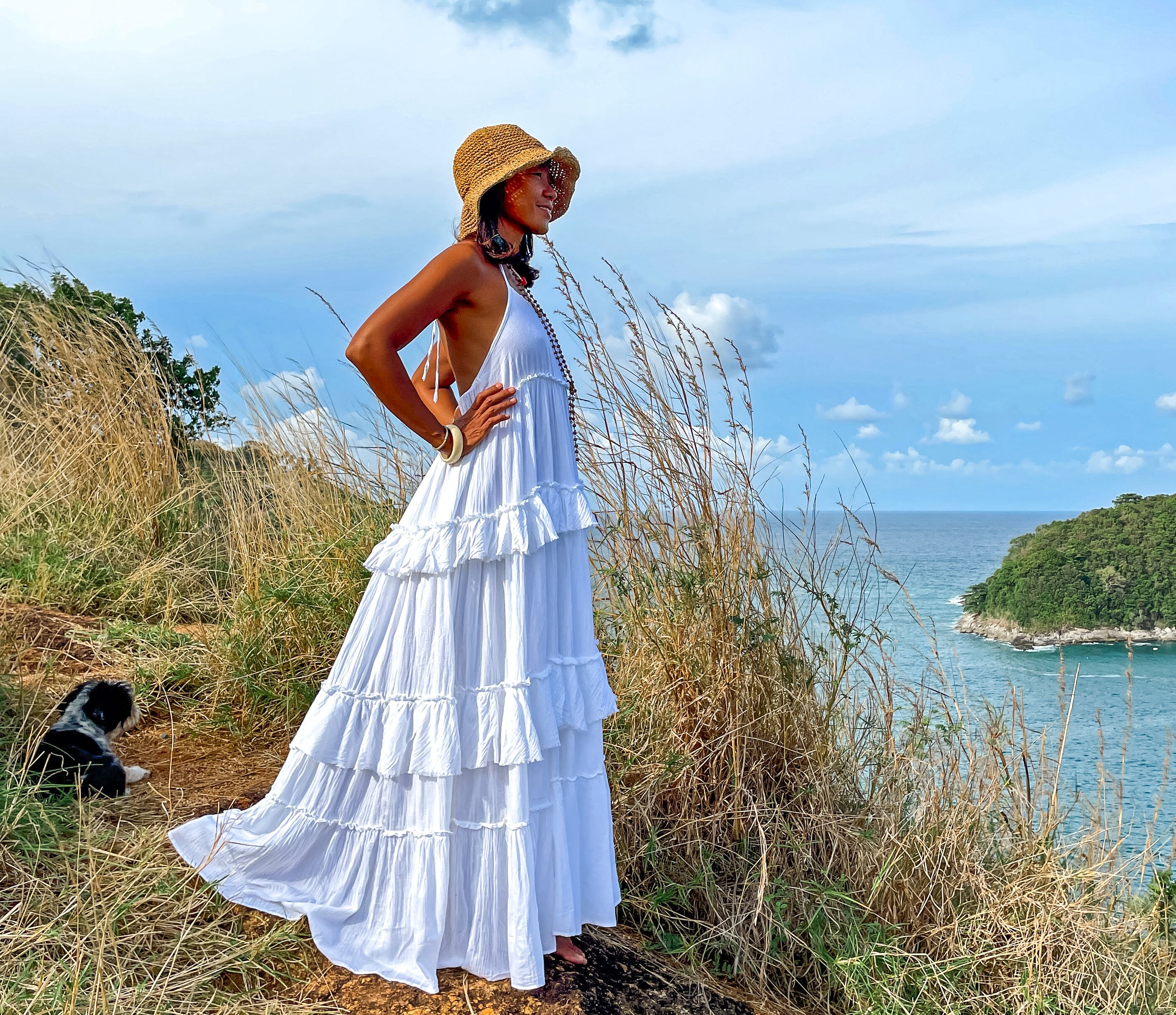 white ruffle long dress White Cotton Ruffle Maxi Dress: Backless Boho Photoshoot Dress /